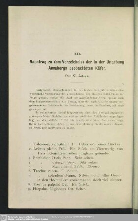 III. Nachtrag zu dem Verzeichniss der in der Umgebung Annabergs beobachteten Käfer
