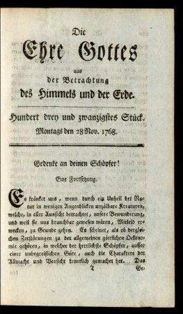 Hundert drey und zwanzigstes Stück. Montags den 28 Nov. 1768