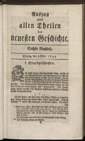 Sechste Nachlese. Coburg, den 8. Febr. 1749.