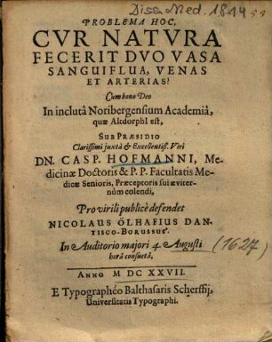 Problema Hoc, Cvr Natvra Fecerit Dvo Vasa Sanguiflua, Venas Et Arterias?