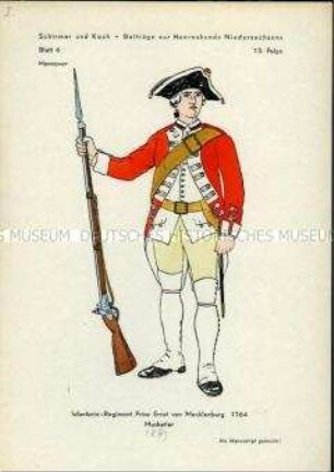 Uniformdarstellung, Musketier der Infanterie, Kurfürstentum Hannover, 1764.