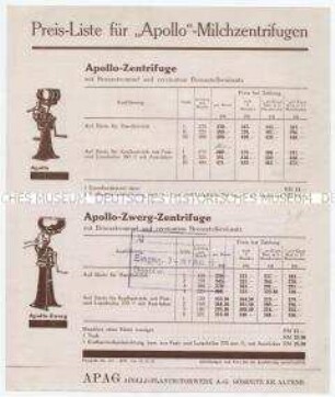 Preis-Liste für Apollo-Milchzentrifugen / Prospekt Nr. 400