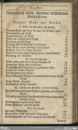 Verzeichniß derer hierinne enthaltenen Andachten