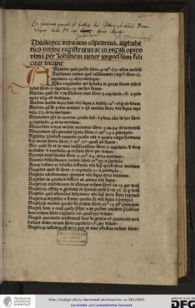 Theoloyce veritatis compendium alphabetico ordine registratum ac in regali opido Ulma per Johannem Zainer impressum feliciter incipit.