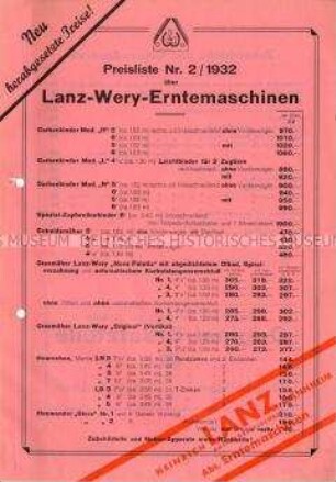 Neu herabgesetzte Preise! / Preisliste Nr. 2/1932 über Lanz-Wery-Erntemaschinen