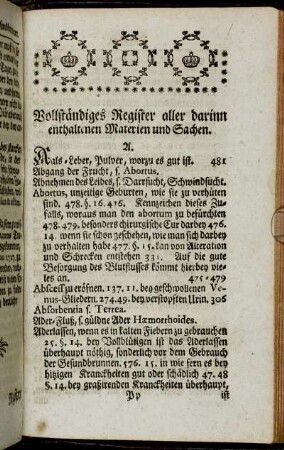Vollständiges Register aller darinn enthaltenen Materien und Sachen.