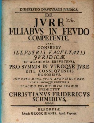 Dissertatio inavgvralis jvridica, de jvre, filiabvs in fevdo competente