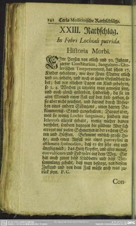 XXIII. Rathschlag. In Febri Lochiali putrida