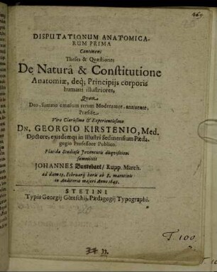 Disputationum Anatomicarum Prima Continens Theses & Quaestiones De Natura & Constitutione Anatomiae, deq[ue] Principiis corporis humani illustriores