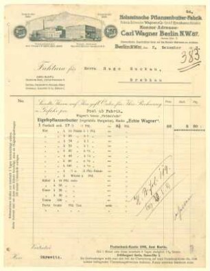 Geschäftsbrief der Holsteinschen Pflanzenbutter-Fabrik, Wagner & Co. GmbH.