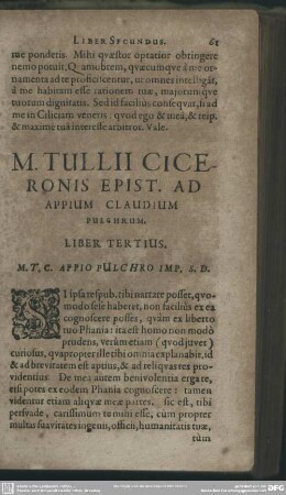 M. Tullii Ciceronis Epist. Ad Appium Claudium Pulchrum, Liber Tertius
