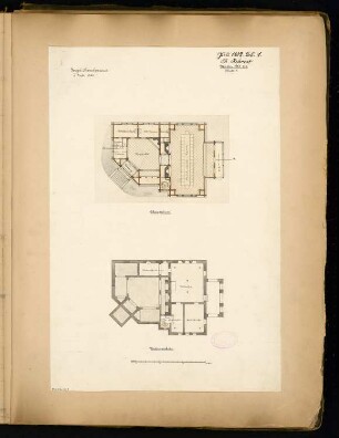 Jagdhaus Monatskonkurrenz Juli 1882: Grundriss Keller, Erdgeschoss; Maßstabsleiste