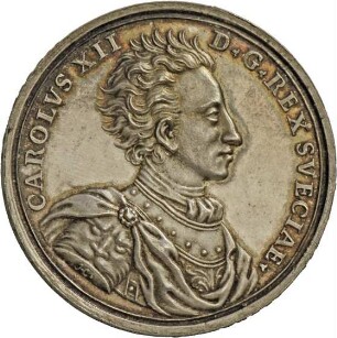 Medaille von Philipp Heinrich Müller auf König Karl XII. von Schweden und seinen Sieg über die russische Armee bei Narva, 1700