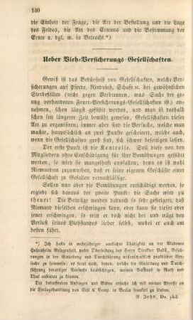 Ueber Vieh-Versicherungs-Gesellschaften.