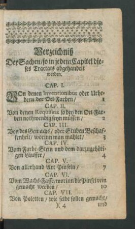 Verzeichniß der Sachen/so in jedem Capitel dieses Tractats abgehandelt werden
