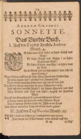 Andreae Gryphii Sonnette. Das Vierdte Buch. I. - XXXVI.