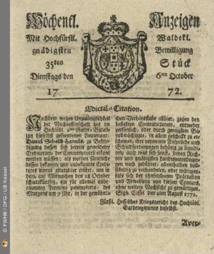 35tes Stueck, Dienstags den 6ten October 1772