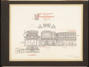 Fürstliche Sommerresidenz Schinkelwettbewerb 1886: Seitenansicht Rotunde. Schnitt 1:125