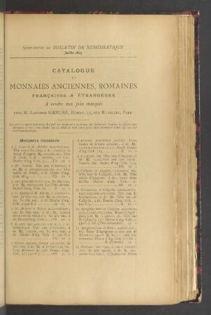 Supplément au Bulletin de numismatique. Juillet 1895. Catalogue de monnaies anciennes, romaines françaises & étrangères