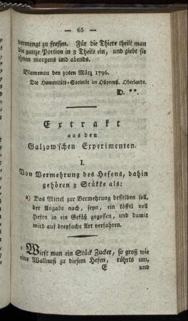 Extrakt aus den Galzow'schen Experimenten.