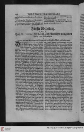 5. Abt./CAP. X. Vom Ceremoniel bey Kayser= auch Röm. Königlichen Wahl= und Krönungen