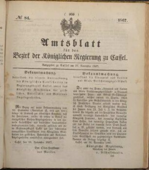 № 84. Ausgegeben zu Cassel am 27. November 1867.