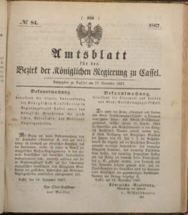 № 84. Ausgegeben zu Cassel am 27. November 1867.
