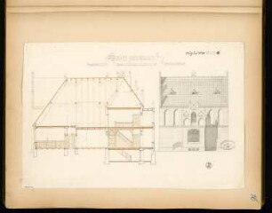 Dorfschule Monatskonkurrenz August 1878: Aufriss Seitenansicht, Längsschnitt; Maßstabsleiste