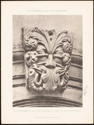 Bogenschlussstein, Römerberg 9, Frankfurt/Main: Ansicht (aus: Steinmasken an Baudenkmälern Alt-Frankfurts, hrsg. v. Julius Hülsen, 1905)