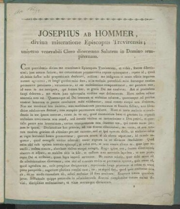 Josephus ab Hommer, divina miseratione Episcopus Trevirensis; universo venerabili clero dioecesano salutem in Domino sempiternam