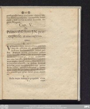 Cap. V. De Primo absoluto I. N. praecepto Sc. de vitae conservatione.