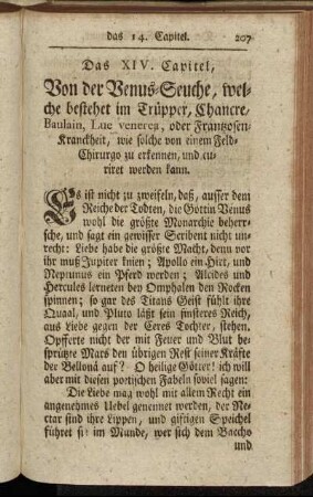 Das XIV. Capitel, Von der Venus-Seuche, welche bestehet im Trüpper, Chancre, Baulain, Lue venerea, oder Frantzosen-Kranckheit,[...]