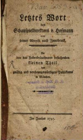 Letztes Wort des Schauspieldirektors v. Hofmann vor seiner Abreise nach Innsbruck
