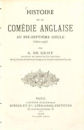 Historie de la comédie anglaise au dix-septième siècle (1672 - 1707)