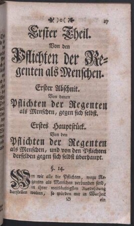 Erstes Hauptstück. Von den Pflichten der Regenten als Menschen, und von den Pflichten derselben gegen sich selbst überhaupt.