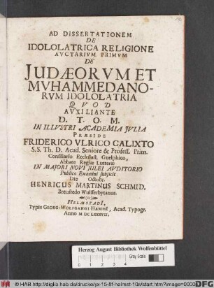 Ad Dissertationem De Idololatrica Religione Auctarium Primum De Judaeorum Et Muhammedanorum Idololatria