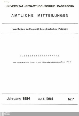 Habilitationsordnung des Fachbereichs Sprach- und Literaturwissenschaften (FB 3) : 30.5.1984