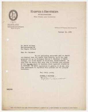 Brief von Harper & Brothers, New York an Erich Salomon