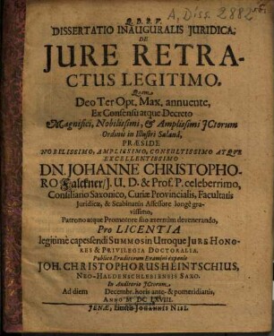 Dissertatio Inauguralis Juridica, De Jure Retractus Legitimo