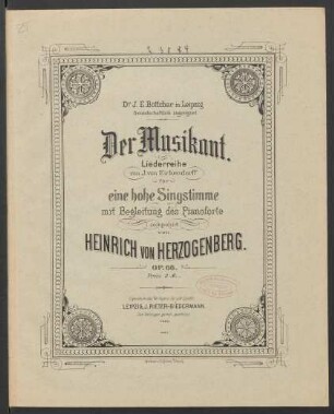 Der Musikant : Liederreihe von J. von Eichendorff; für eine hohe Singstimme mit Begleitung des Pianoforte; op. 66