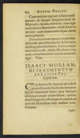 Isaaci Hollandi Fragmentum De Lapide Philosophorum.