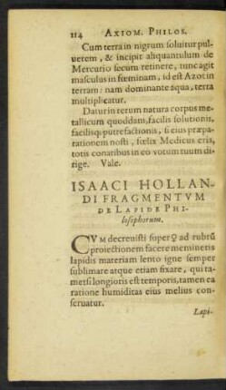 Isaaci Hollandi Fragmentum De Lapide Philosophorum.