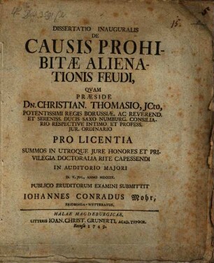 Dissertatio Inauguralis De Causis Prohibitae Alienationis Feudi