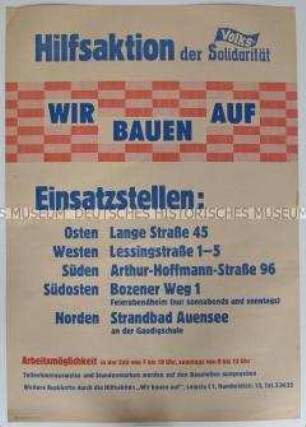 Maueranschlag der Volkssolidarität Leipzig mit Informationen zur Hilfsaktion "Wir bauen auf"