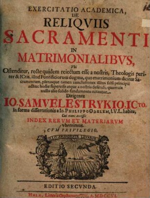 Exercitatio academica de reliquiis sacramenti in matrimonialibus