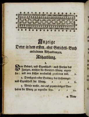 Anzeige Derer in dem ersten, oder Gerichts-Buch enthaltenen Abhandlungen