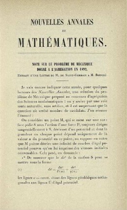 Note sur le problème de mécanique donné a l'agrégation en 1892. Extrait d'une lettre de M. De Saint-Germain a M. Rouché.