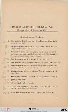 Erster Versteigerungstag: Montag, den 14. Dezember 1925 (Nr. 1-666)