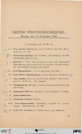Erster Versteigerungstag: Montag, den 14. Dezember 1925 (Nr. 1-666)