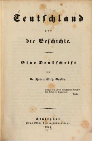 Teutschland und die Geschichte : eine Denkschrift